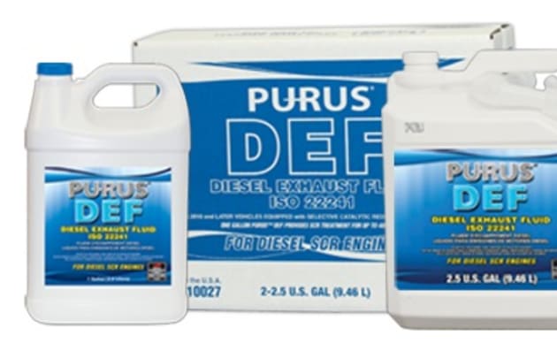 Purus DEF diesel exhaust fluid products in various sizes for diesel engines, ISO 22241 certified
